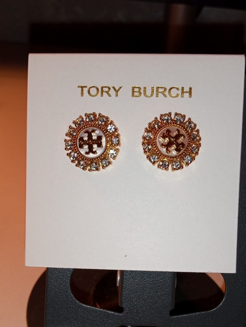 Tory Burch Gold Crystal Logo Stud Earrings - Gold